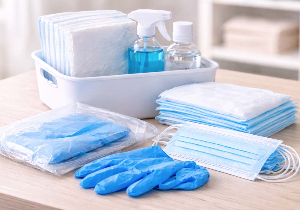 Pflegehilfsmittel - Masken, Handschuhe, Desinfektionsmittel